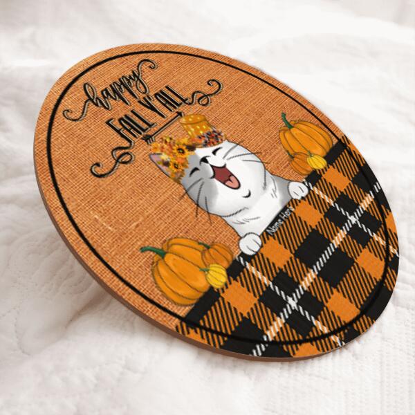 Happy Fall Y'all - Fall Flowers Headband - Orange Plaid - Personalized Cat Autumn Door Sign