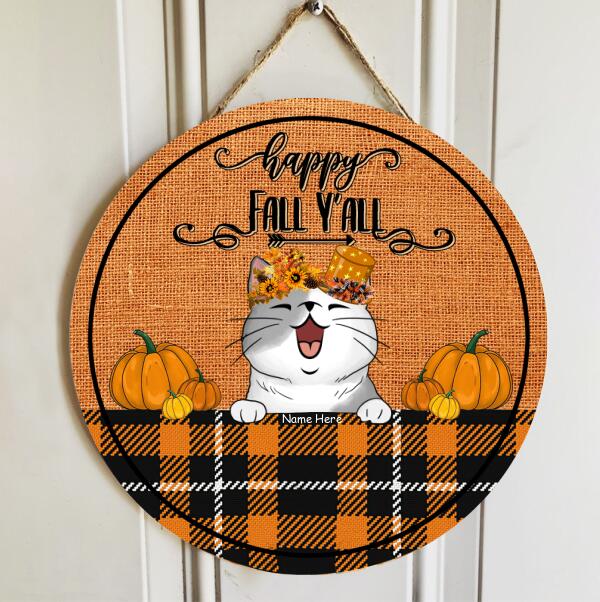 Happy Fall Y'all - Fall Flowers Headband - Orange Plaid - Personalized Cat Autumn Door Sign