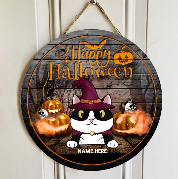 Happy Halloween - Purple and Burgundy Witch Hat, Mummy - Personalized Cat Halloween Door Sign