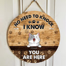 No Need To Knock, We Know You Are Here, Cat Pawprints Background, Personalized Cat Lovers Door Sign