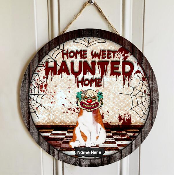 Home Sweet Haunted Home - Cats Standing On Red Checkered Floor - Halloween Costume - Personalized Cat Door Sign