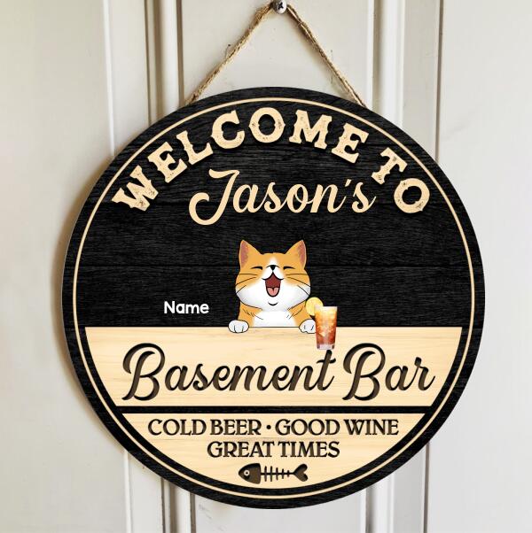 Welcome To Family's Basement Bar, Cold Beer Good Wine Great Times, Black & Yellow Background, Personalized Cat Lovers Door Sign