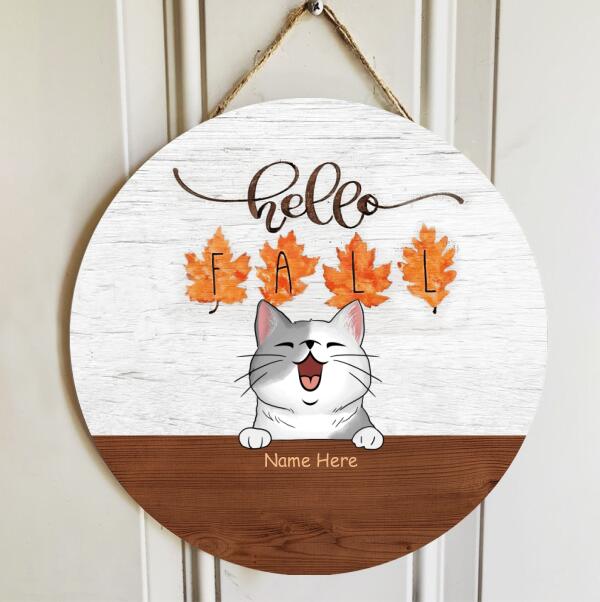 Hello Fall - Letters On Maple Leaves - Personalized Cat Autumn Door Sign