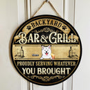 Backyard Bar & Grill, Proudly Serving Whatever You Brought, Balck & Yellow Background, Personalized Dog Lovers Door Sign
