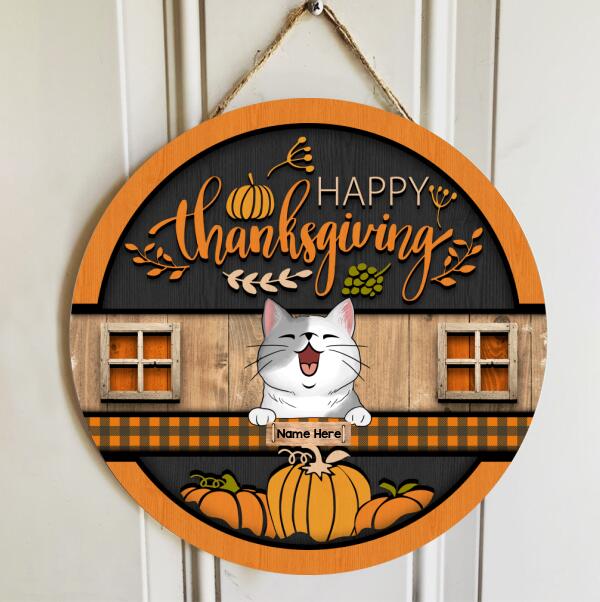 Happy Thanksgiving - Laughing Cats On Orange Plaid Table - Personalized Cat Door Sign