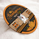 Happy Thanksgiving - Laughing Cats On Orange Plaid Table - Personalized Cat Door Sign