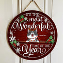 It's The Most Wonderful Time Of The Year - Burgundy Background - Personalized Cat Christmas Door Sign