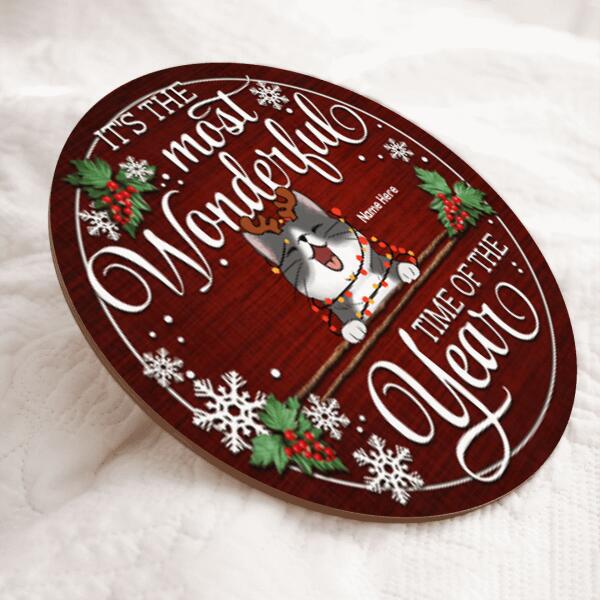 It's The Most Wonderful Time Of The Year - Burgundy Background - Personalized Cat Christmas Door Sign
