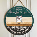 Catio Bar & Grill Proudly Serving Whatever You Brought, Custom Name & Background Color, Personalized Cat Breed Door Sign