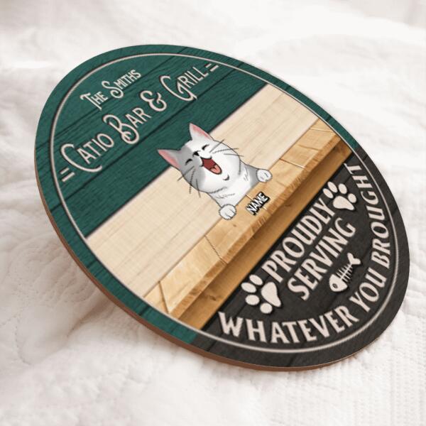 Catio Bar & Grill Proudly Serving Whatever You Brought, Custom Name & Background Color, Personalized Cat Breed Door Sign