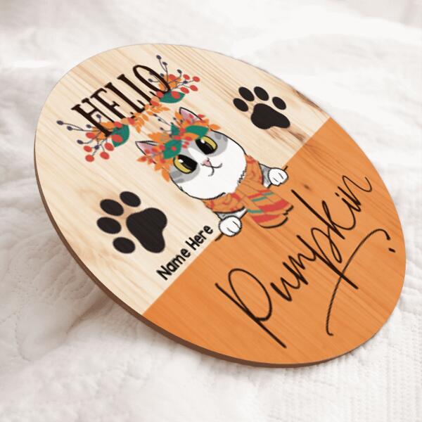 Hello Pumpkin - Fall Headband And Scarf - Personalized Cat Autumn Door Sign