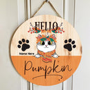 Hello Pumpkin - Fall Headband And Scarf - Personalized Cat Autumn Door Sign