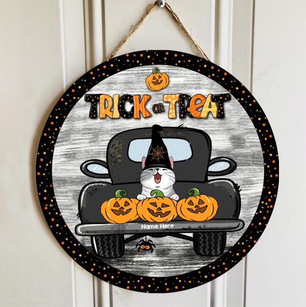 Trick Or Treat - Cats And Pumpkins On Truck - Personalized Cat Halloween Door Sign