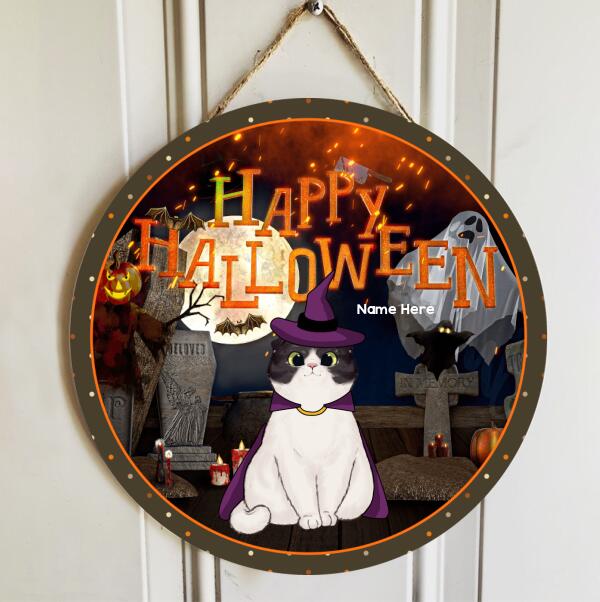 Happy Halloween - Ghosts With Full Moon - Personalized Cat Halloween Door Sign