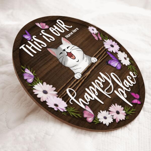 This Is Our Happy Place - Purple Butterflies and Flowers - Personalized Cat Door Sign