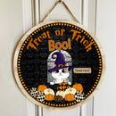 Treat Or Trick - Boo! - Witch Cats On Pattern Pumpkins - Personalized Cat Halloween Door Sign
