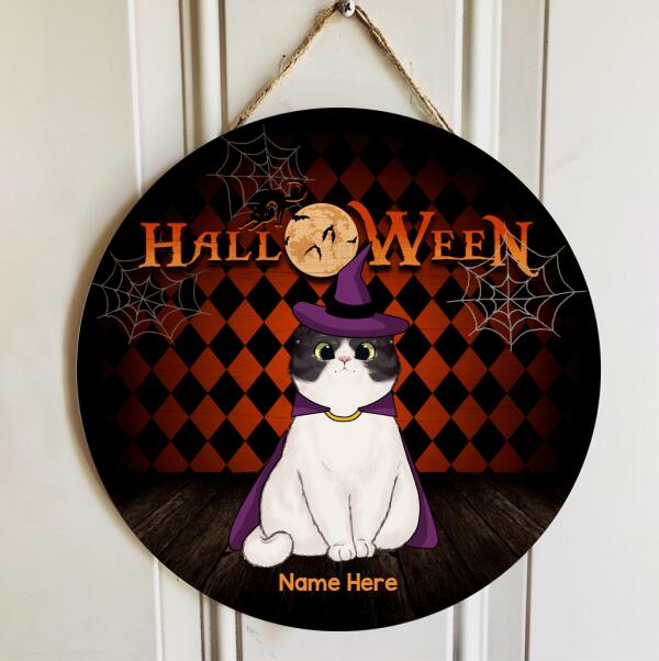 Halloween - Full Moon - Orange And Black Argyle Background - Personalized Cat Door Sign