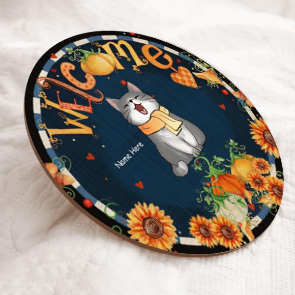 Welcome - Fall Flowers Around - Cats Wear Scarf - Personalized Cat Autumn Door Sign