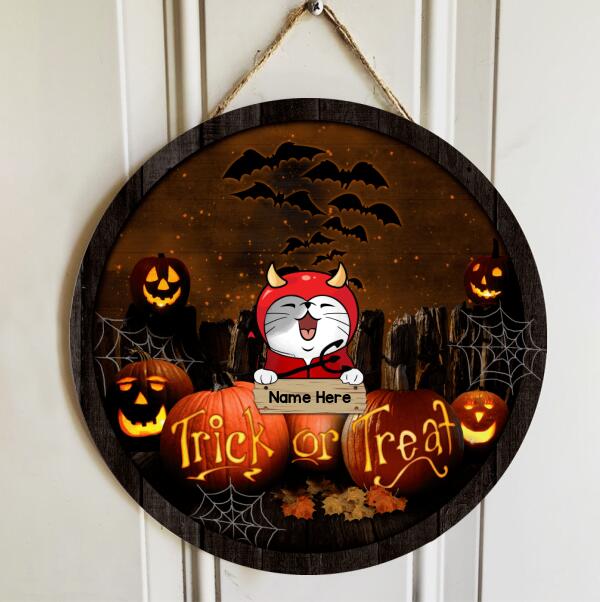 Trick Or Treat - Cats On Scary Pumpkins - Personalized Cat Halloween Door Sign