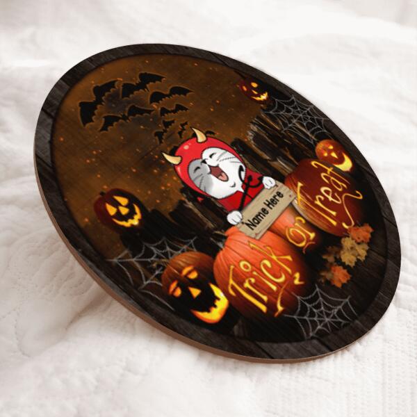 Trick Or Treat - Cats On Scary Pumpkins - Personalized Cat Halloween Door Sign