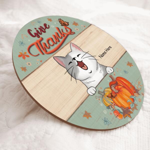 Give Thanks - Pastel Color - Personalized Cat Autumn Door Sign