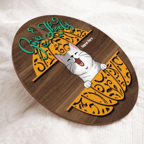 Give Thanks - Wooden - Personalized Cat Autumn Door Sign