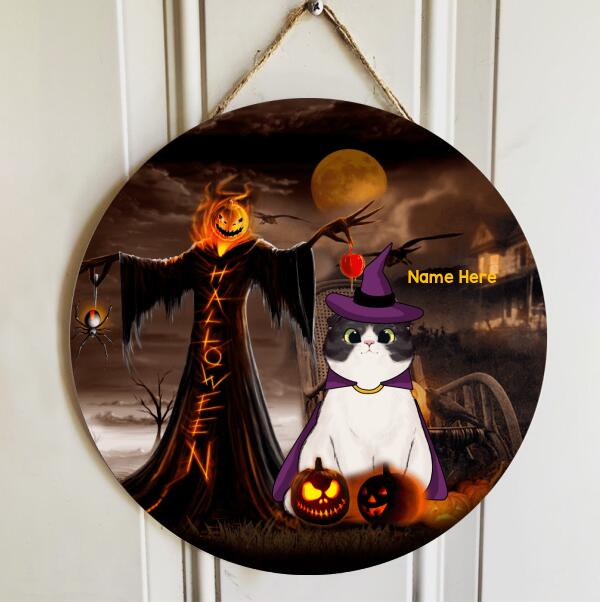 Halloween - Pumpkin Head Scarecrow - Personalized Cat Halloween Door Sign