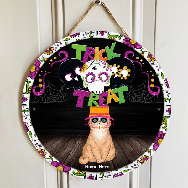 Trick Or Treat - Flowers Skull - Personalized Cat Halloween Door Sign