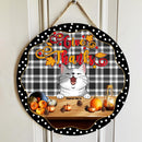 Give Thanks - Black And White Plaid Background - Personalized Cat Autumn Door Sign