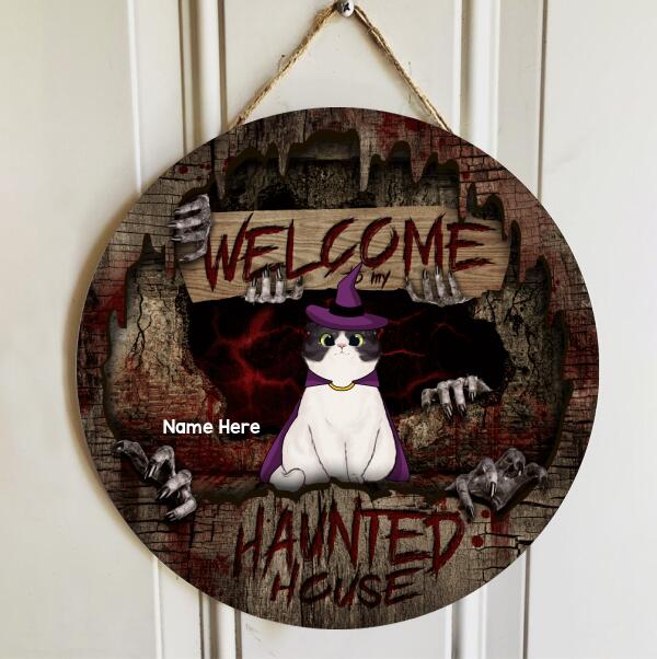 Welcome To Our Haunted House - Blood Letters - Personalized Cat Halloween Door Sign