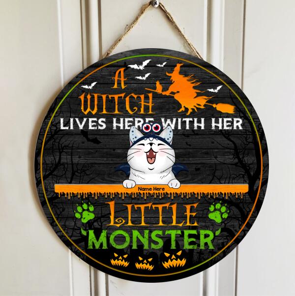 A Witch Lives Here With Her Little Monsters - Monster Headband - Personalized Cat Halloween Door Sign