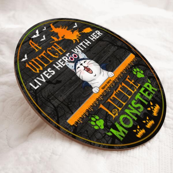 A Witch Lives Here With Her Little Monsters - Monster Headband - Personalized Cat Halloween Door Sign