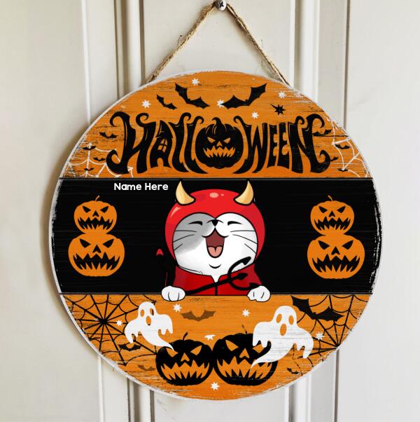 Halloween - Orange Color - Personalized Cat Halloween Door Sign