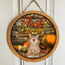 Happy Thanksgiving - Pumpkins Front Wood Wall - Personalized Cat Autumn Door Sign