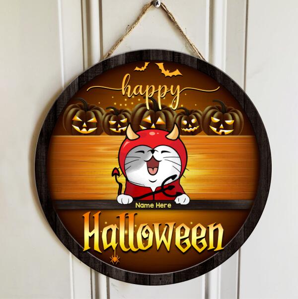 Happy Halloween - Golden Background - Personalized Cat Halloween Door Sign