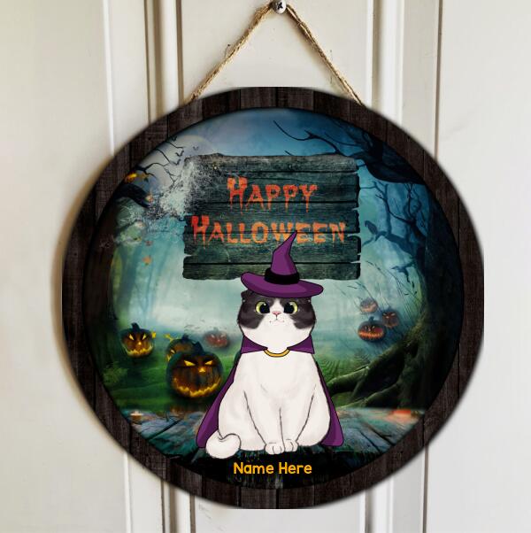 Happy Halloween - Blue Foggy Forrest - Personalized Cat Halloween Door Sign