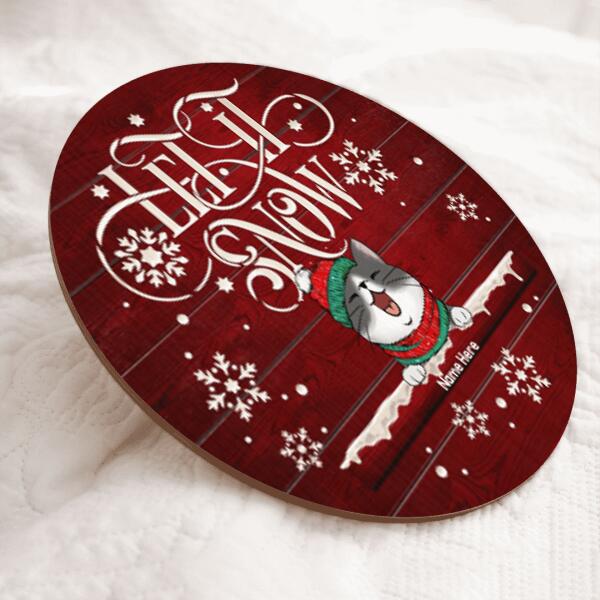 Let It Snow - White Snowflake - Cats Wear Beanie And Scarf - Personalized Cat Christmas Door Sign