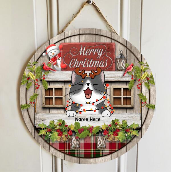 Merry Christmas - Wood Wall With Windows- Personalized Cat Christmas Door Sign