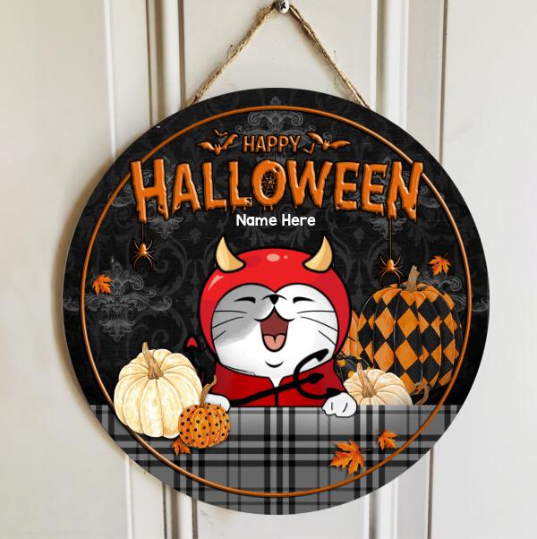 Happy Halloween - Black Plaid Tablecloth - Personalized Cat Halloween Door Sign