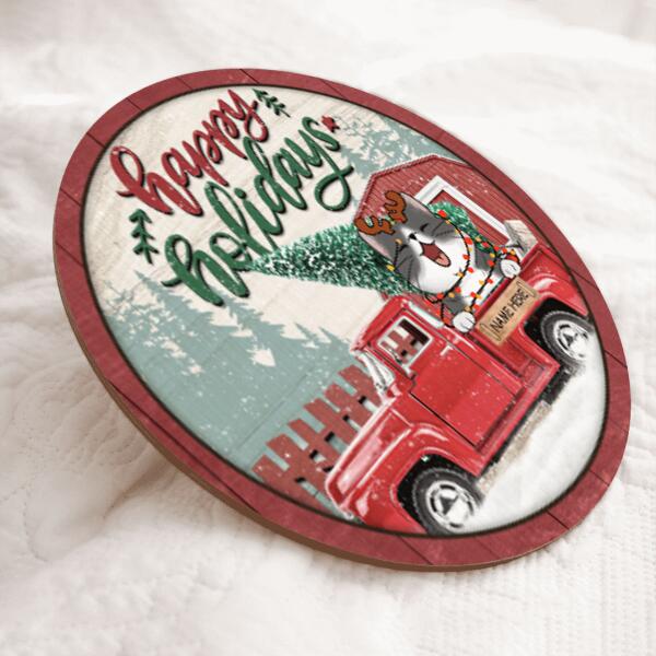 Happy Holiday - Red Truck Snow - Personalized Cat Christmas Door Sign