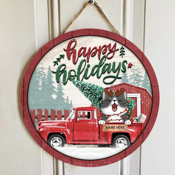 Happy Holiday - Red Truck Snow - Personalized Cat Christmas Door Sign