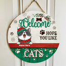 Welcome Hope You Like Cats - Cats Wear Beanie And Scarf - Personalized Cat Christmas Door Sign
