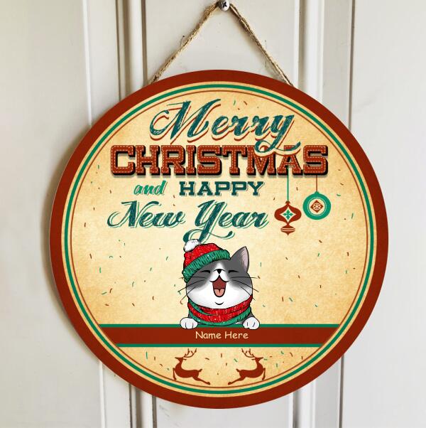 Merry Christmas And Happy New Year - Vintage Style - Personalized Cat Christmas Door Sign