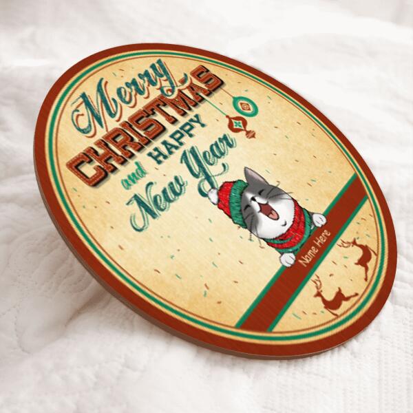 Merry Christmas And Happy New Year - Vintage Style - Personalized Cat Christmas Door Sign