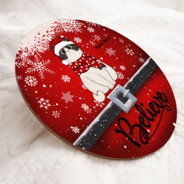 Believe - Red Background - Personalized Cat Christmas Door Sign