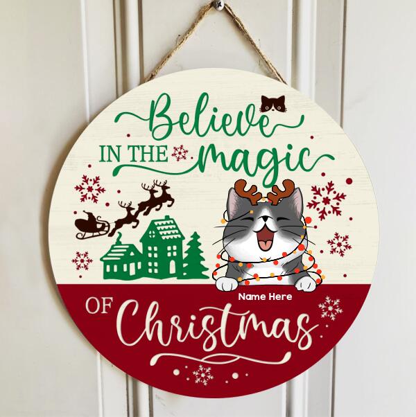 Believe In The Magic Of Christmas - Wheat And Red Color - Personalized Cat Christmas Door Sign