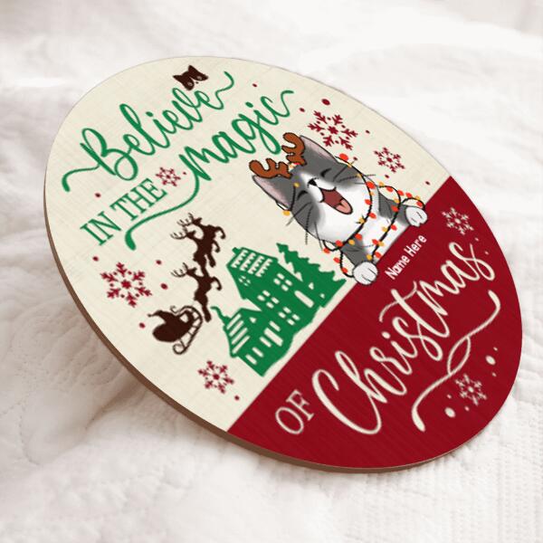 Believe In The Magic Of Christmas - Wheat And Red Color - Personalized Cat Christmas Door Sign