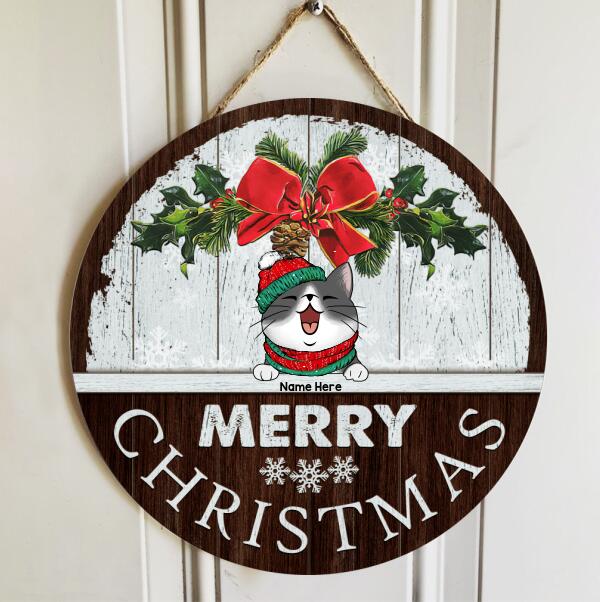 Merry Christmas - White Wood Wall - Personalized Cat Christmas Door Sign