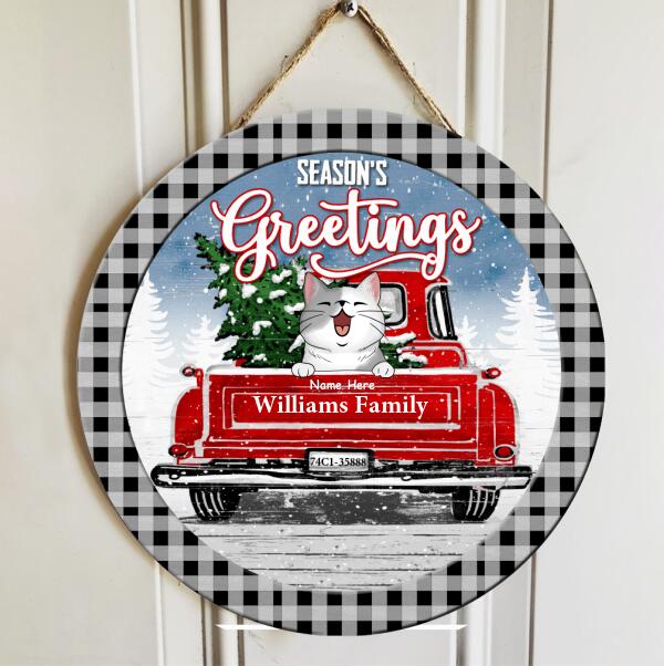Season's Greetings - Cats On Red Truck - Personalized Cat Christmas Door Sign