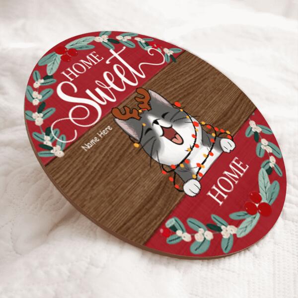 Home Sweet Home - Red Top And Bottom - Personalized Cat Christmas Door Sign